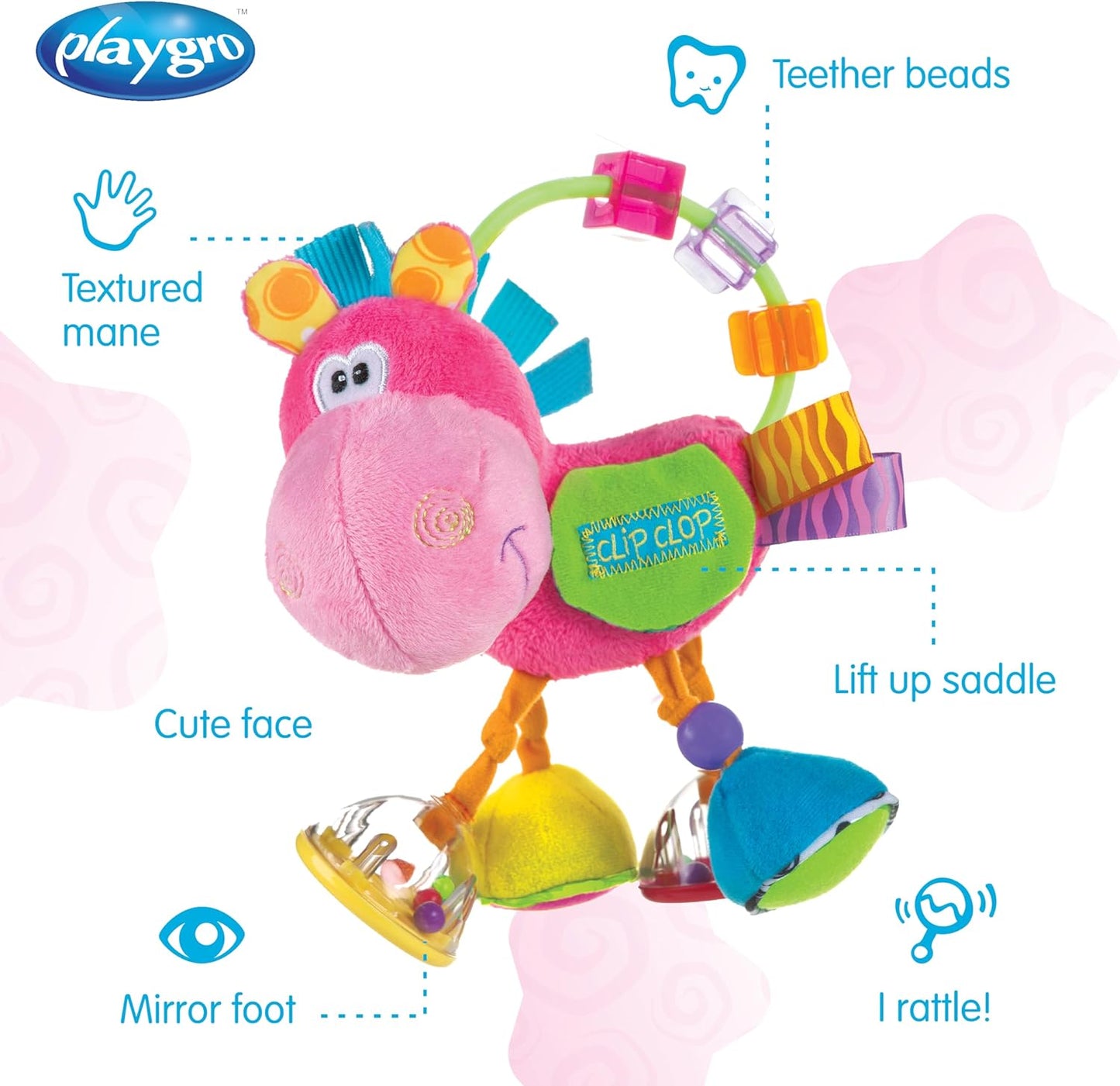 Playgro Clopette Activity Rattle Toy, Pink.