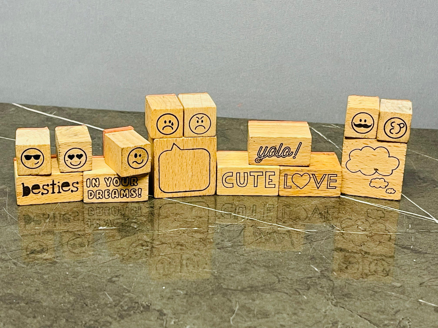 Emoticon and Message Wood Stamp Set. (14 stamps available)