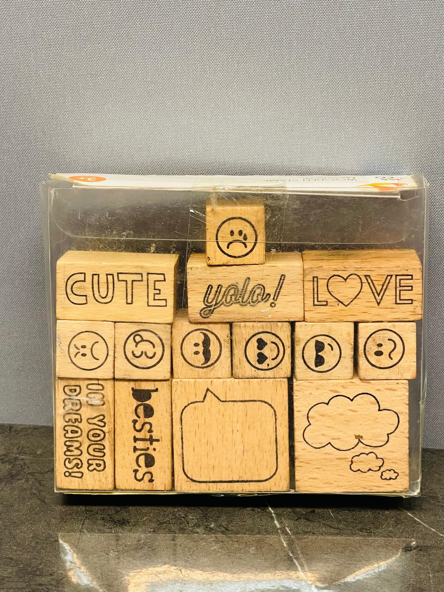 Emoticon and Message Wood Stamp Set. (14 stamps available)