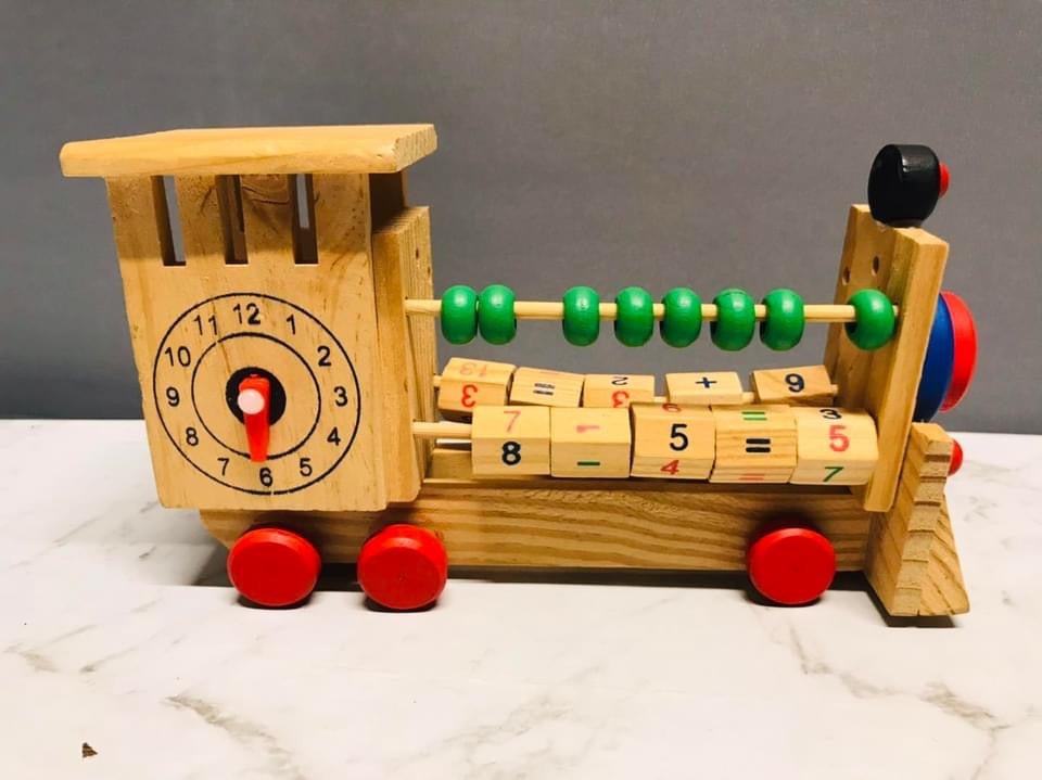 Wooden Train Engine Abacus with Clock Counting Beads