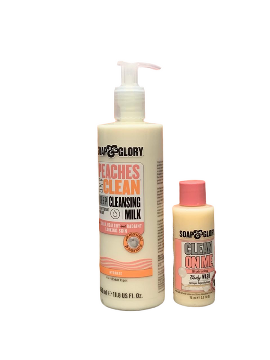 Soap & Glory Peaches and Clean Deep Cleansing Milk & Clean On Me Hydrating Body Wash.