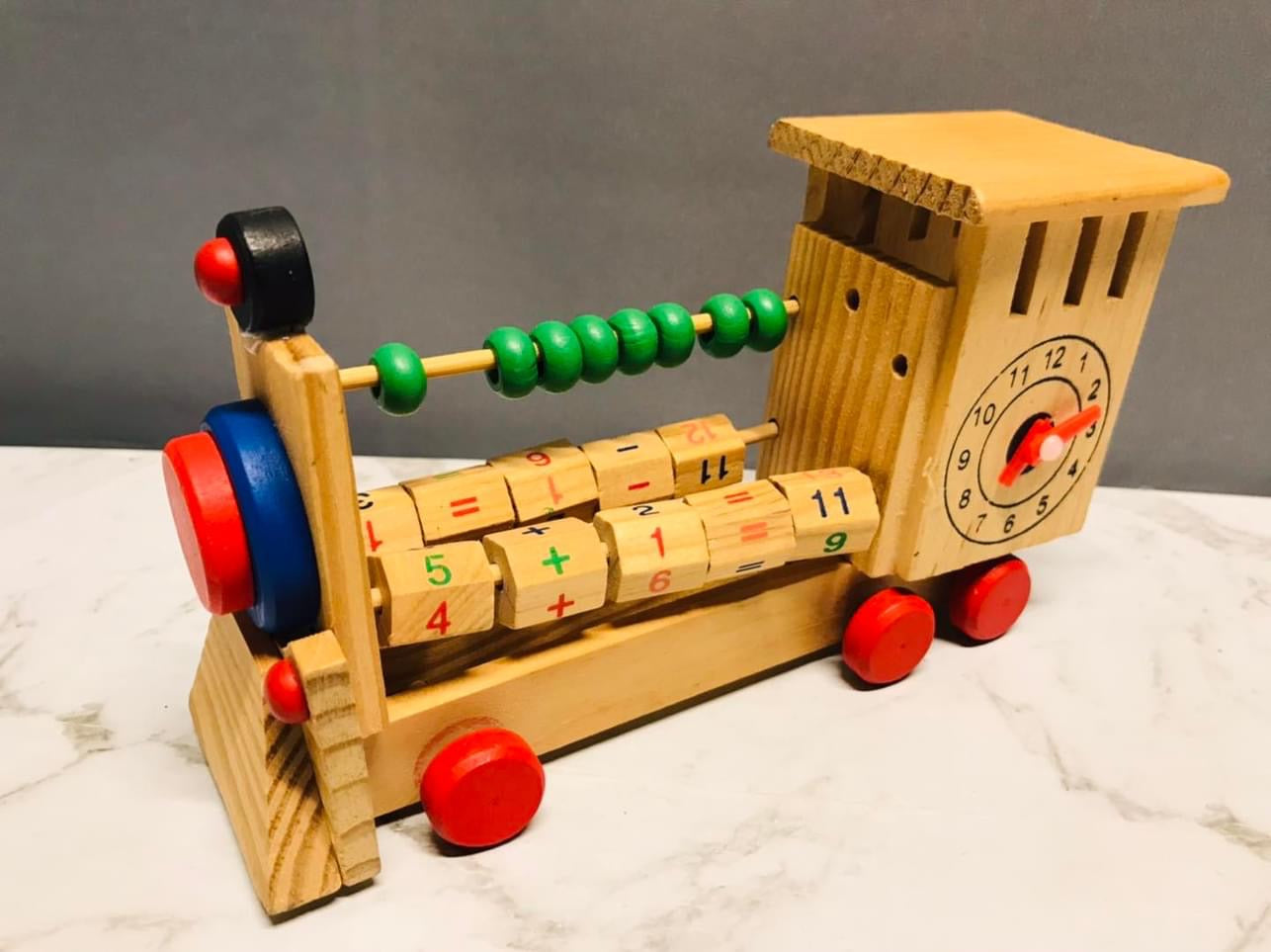 Wooden Train Engine Abacus with Clock Counting Beads