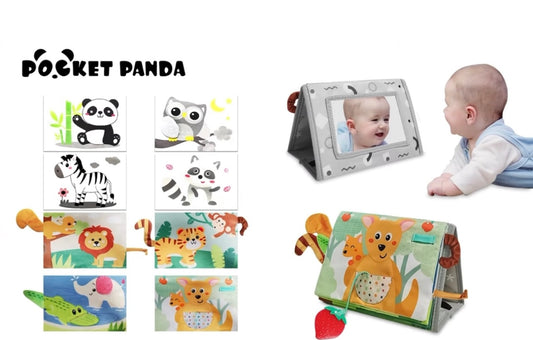Pocket Panda baby mirror tummy time toy With Cloth Book (Rs 150 advance)