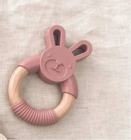 Bambino Wood & Silicone Bunny Teether Pink. (047Aa)