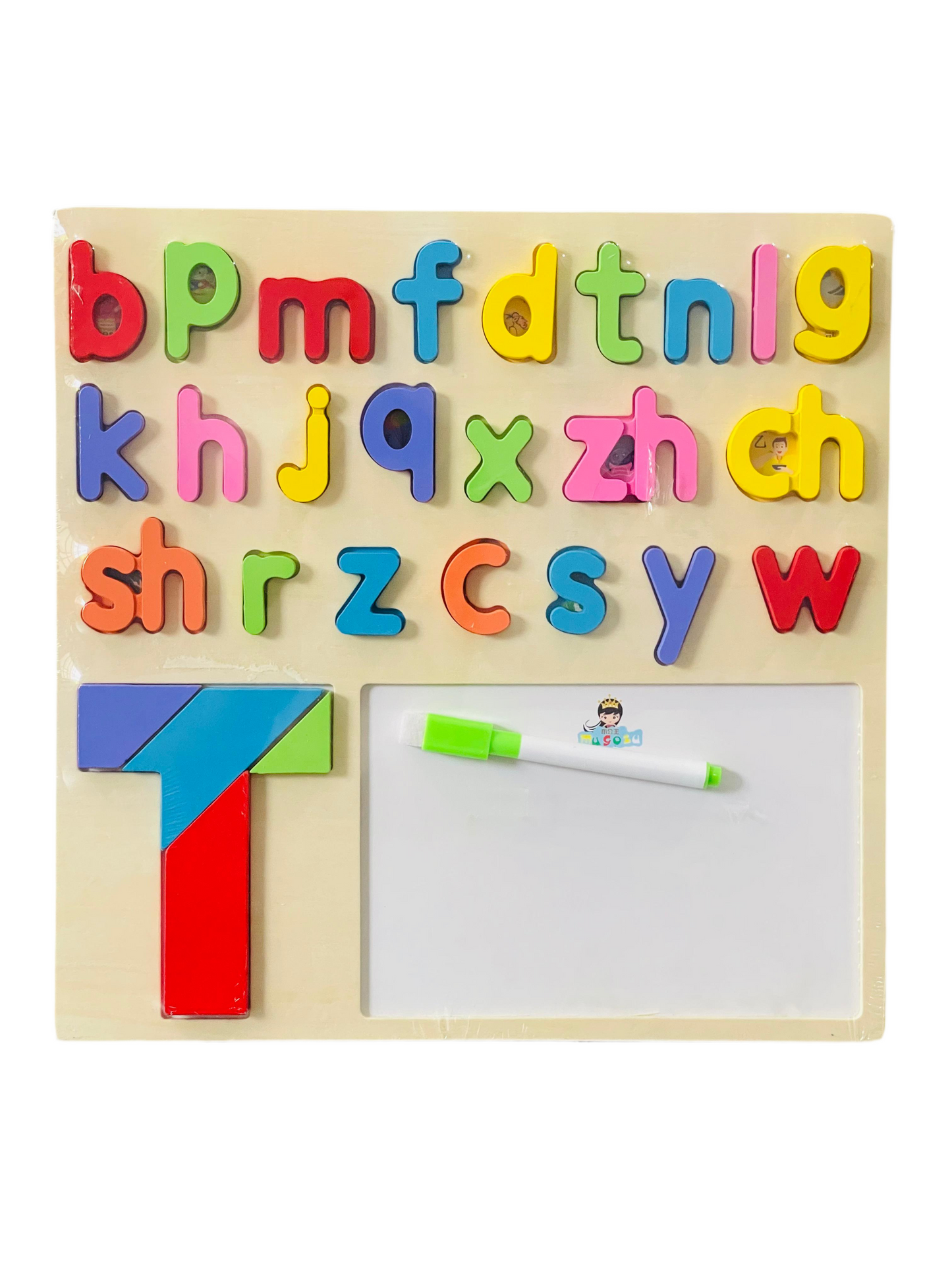2 in 1 Wooden Alphabet Puzzle with White Board.