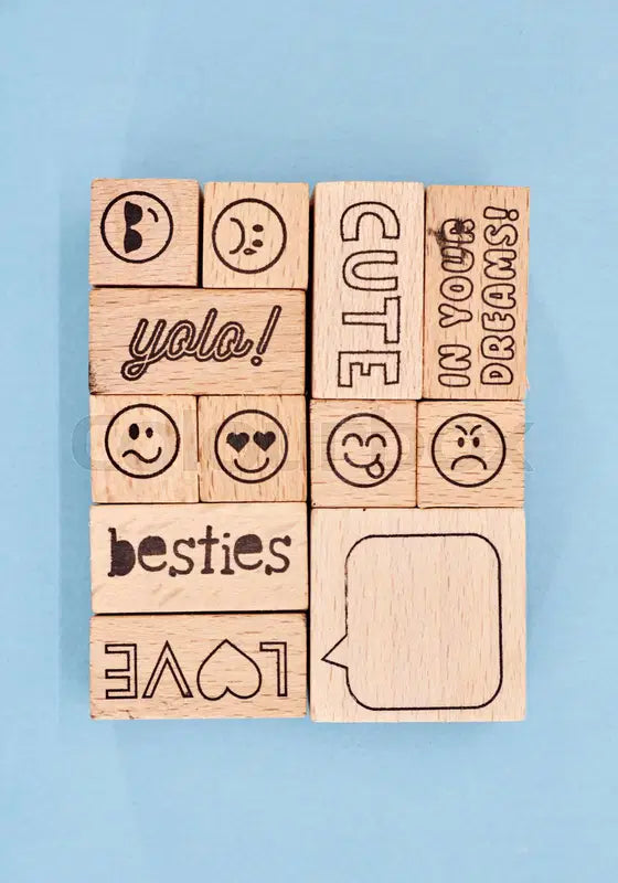 Emoticon and Message Wood Stamp Set. (14 stamps available)