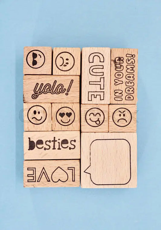 Emoticon and Message Wood Stamp Set. (14 stamps available)