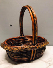 Basket Planter Woven Reed Hollow Wood w/ Fixed Handle  Tall Reddish Brown