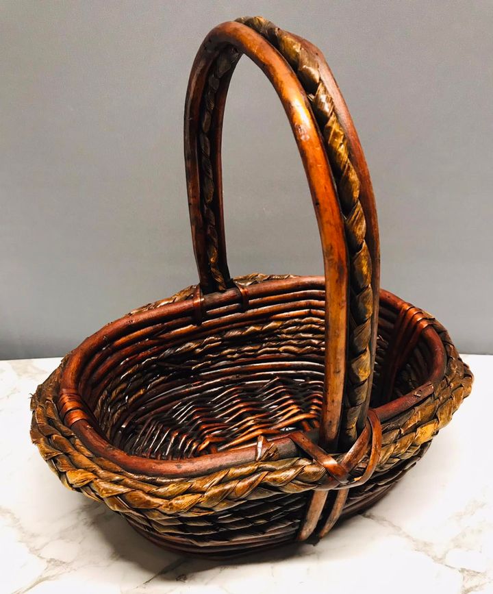 Basket Planter Woven Reed Hollow Wood w/ Fixed Handle  Tall Reddish Brown