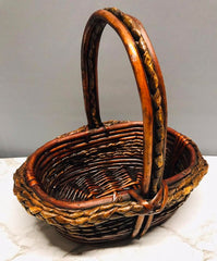 Basket Planter Woven Reed Hollow Wood w/ Fixed Handle  Tall Reddish Brown