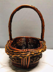 Basket Planter Woven Reed Hollow Wood w/ Fixed Handle  Tall Reddish Brown