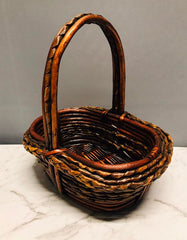 Basket Planter Woven Reed Hollow Wood w/ Fixed Handle  Tall Reddish Brown