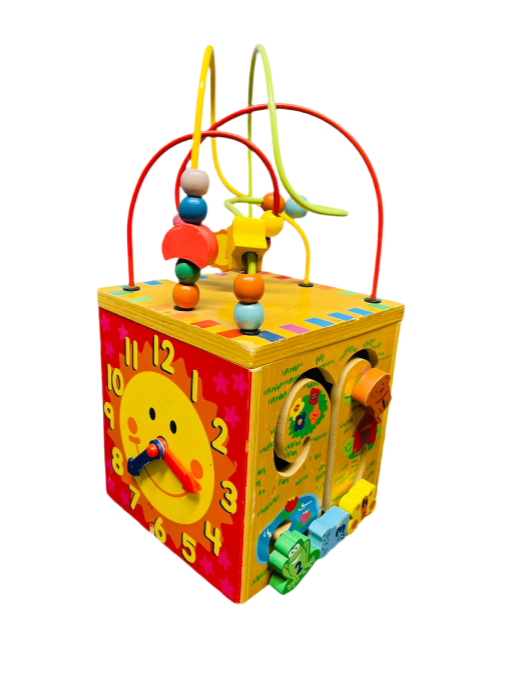 Wooden activity cube, a multi-sided toy.