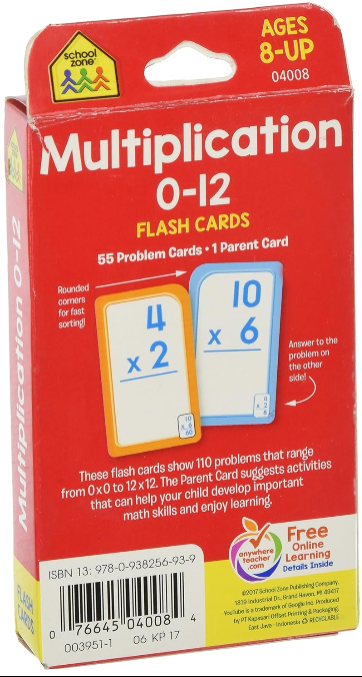 School Zone Multiplication 0 -12 Flash Cards.