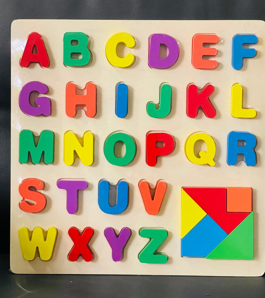 Wooden Alphabet & Tangram Puzzle Board