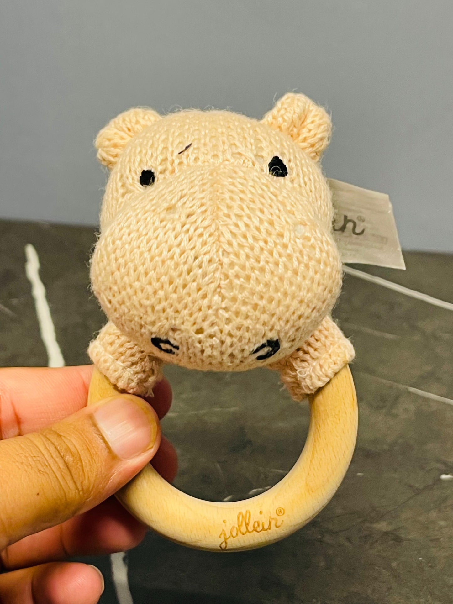 Jollein 2-in-1 Rattle Toy and Teething Ring Hippo, Creamy Peach