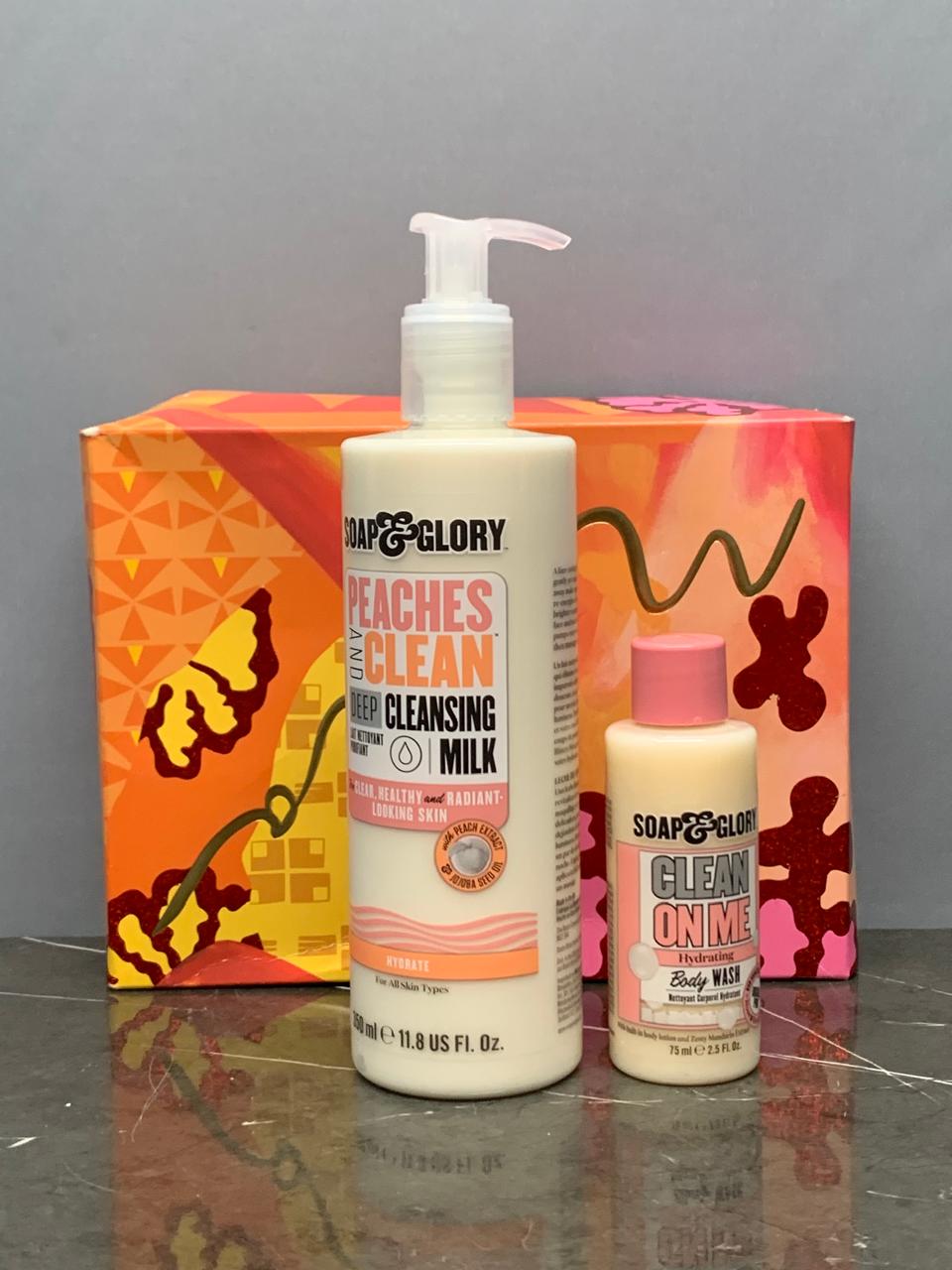 Soap & Glory Peaches and Clean Deep Cleansing Milk & Clean On Me Hydrating Body Wash.