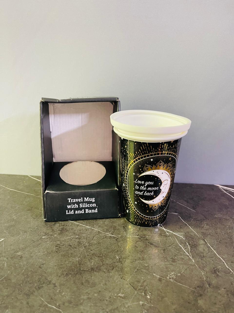 Travel Mug with Silicon Lid and Band. (New) (Rs 200 advance)
