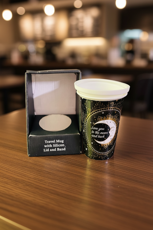 Travel Mug with Silicon Lid and Band. (New) (Rs 200 advance)