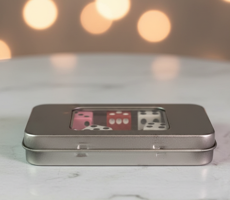 Travel Dice Set in Window Tin.(Rs 100 advance)