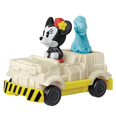Minnie Mouse in a dinosaur ride vehicle
