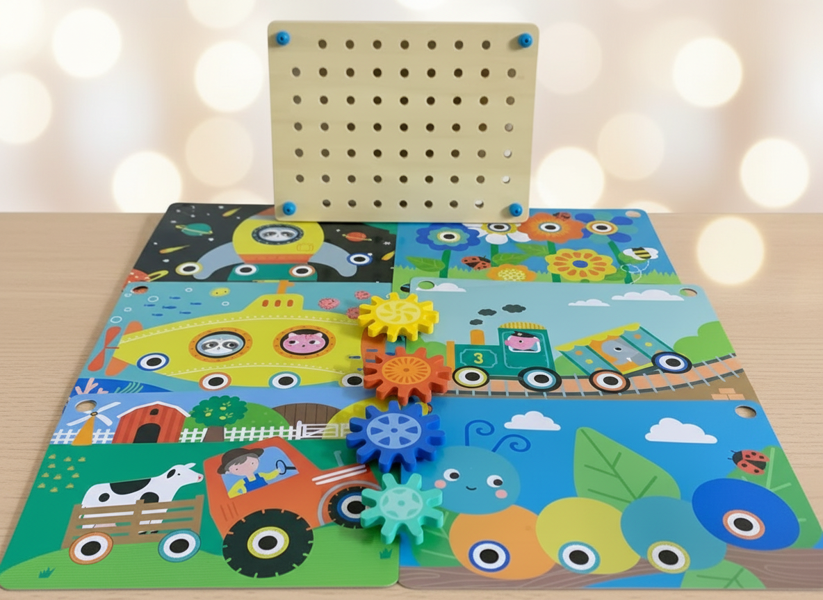 Wooden Peg and Gear Board With Six Scenes. SKU:BXL-007