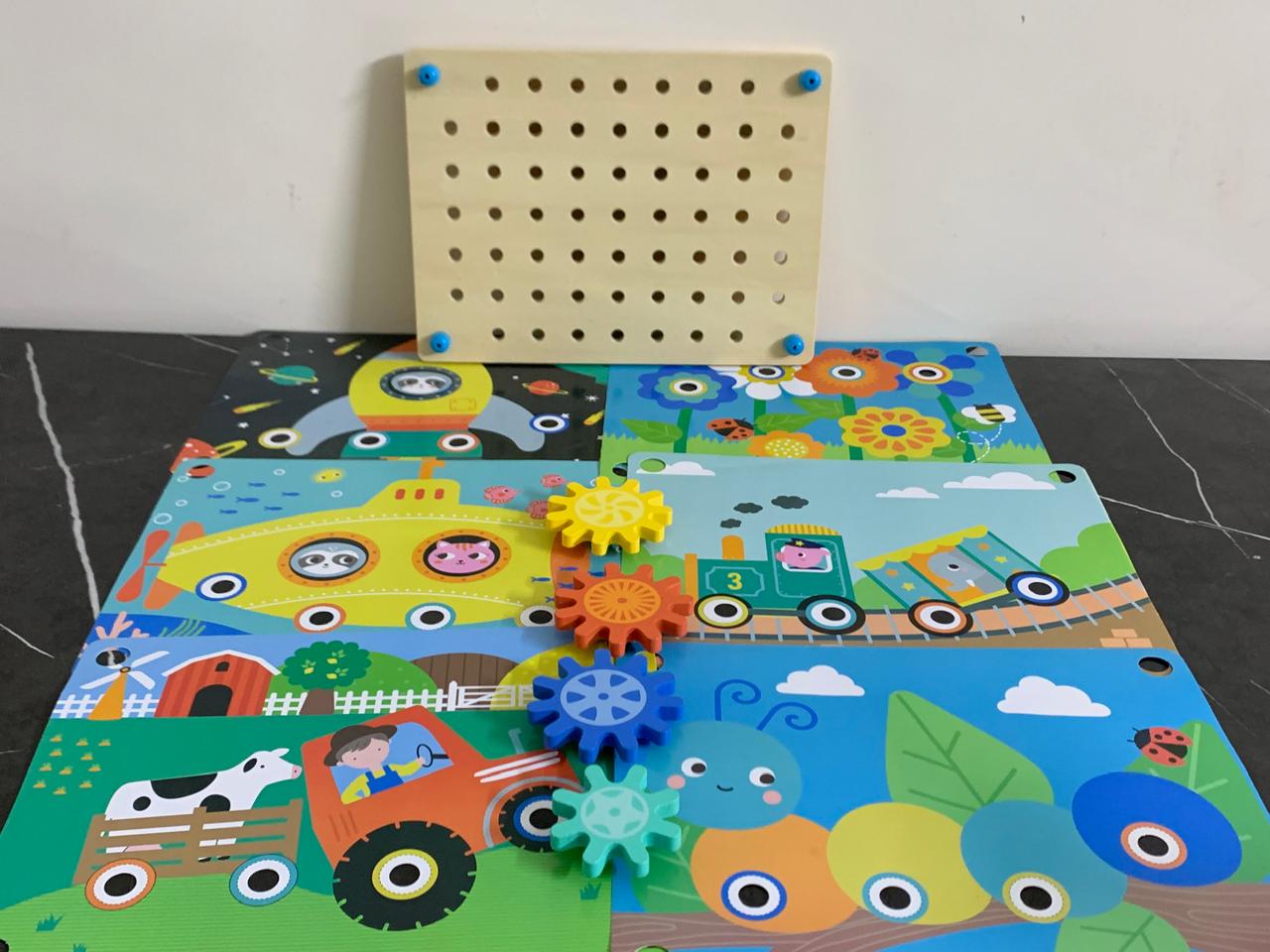 Wooden Peg and Gear Board With Six Scenes. SKU:BXL-007