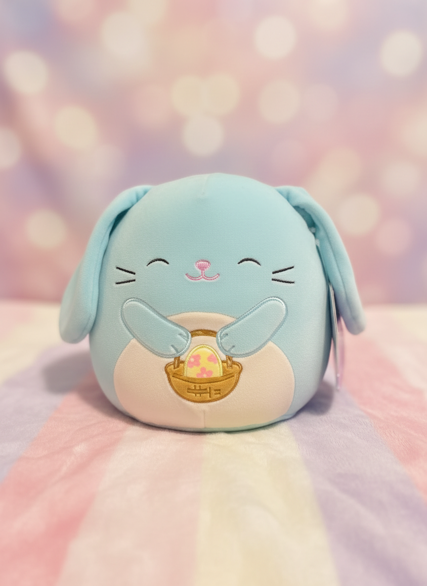 Squishmallows Buttons the Blue Bunny with Easter Basket. SKU:BXL-054