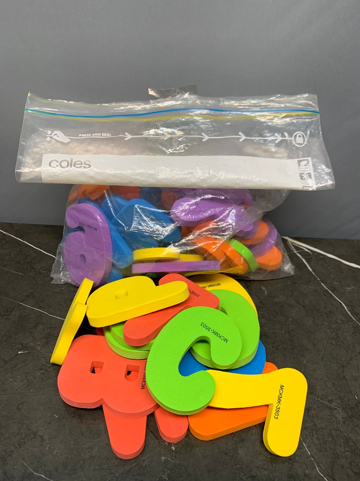 Coles Foam letters and numbers.