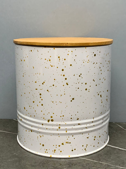 Speckled White Cylindrical air tight Container with Wooden Lid 6*5 inches. SKU:BXL-105