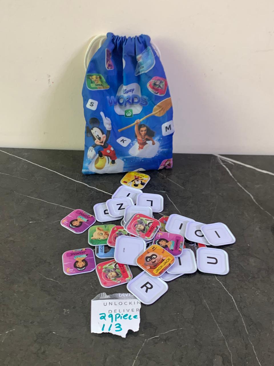 Woolworths Disney Scrabble Words Tiles Carry Bag. (29 pieces) SKU:BXL-113